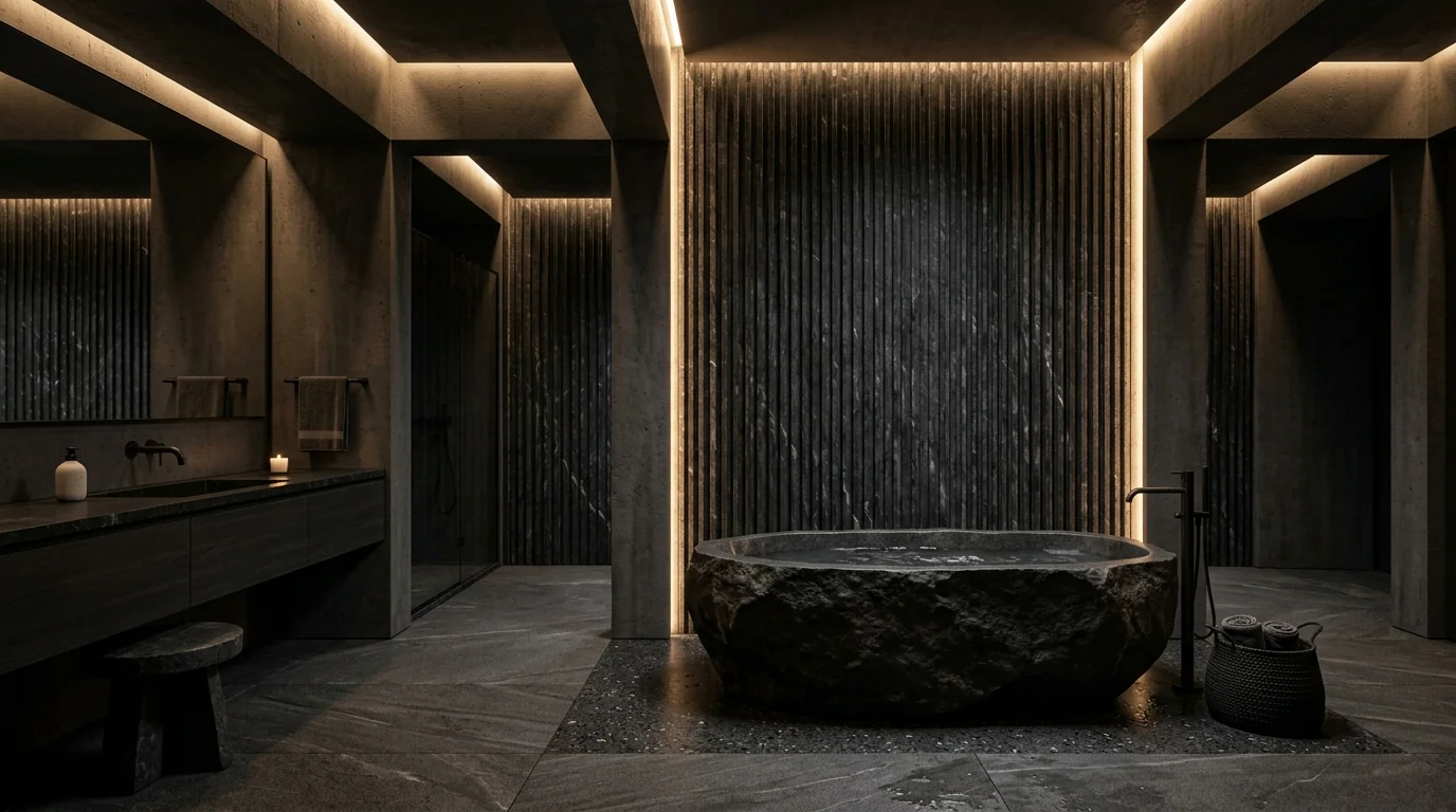 A dark, sculptural bathroom interior with a stone bath